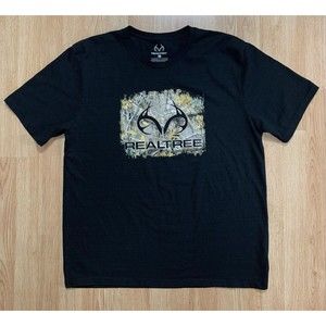 XL Real Tree Antlers And Leaves Logo Black Short Sleeve Tee Camo  EUC